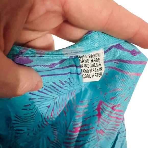 Colorful Smocked Maxi Dress Blue Purple Pink Palm Tropical Womens One Size - Picture 4 of 5